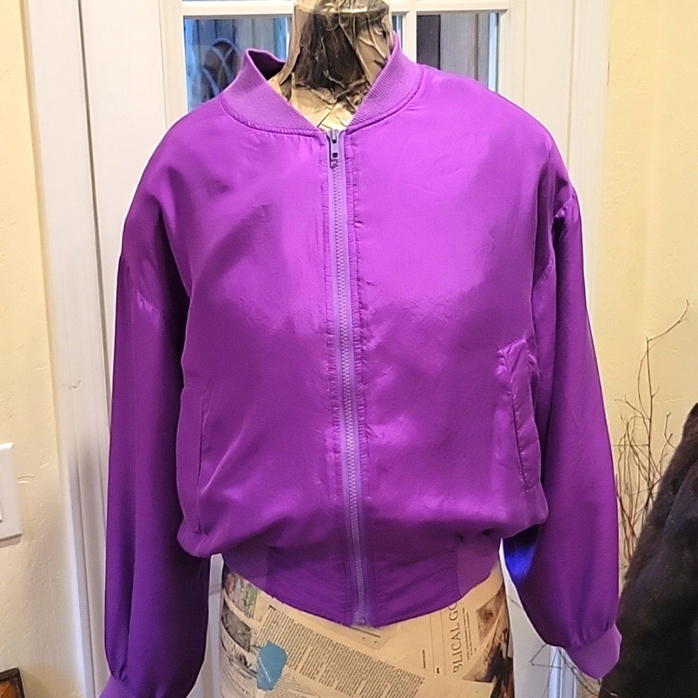 VTG 80's Carol Horn Purple Silk Bomber Jacket Zip Up size M